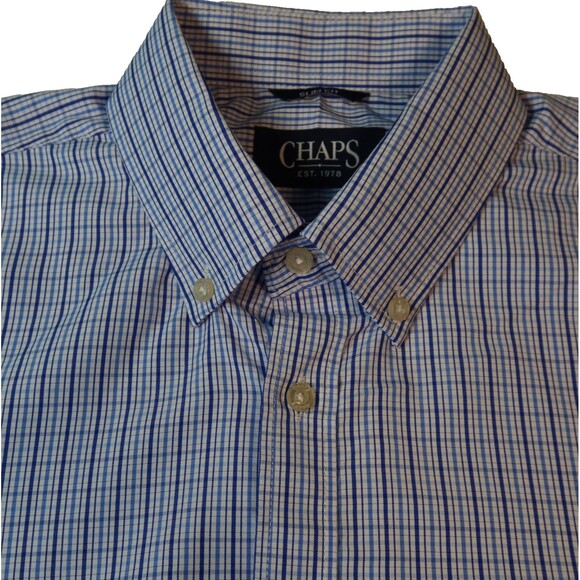 NWT Chaps Mens Easy Care Slim Fit Size Medium Button Down Shirt Blue Plaid NEW - Picture 2 of 13